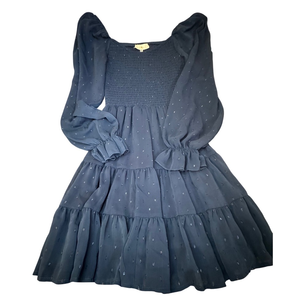 Altar'd State Navy Blue Smocked Mini Dress Puff Sleeve Clip Dot ID83495-01A‎ XS